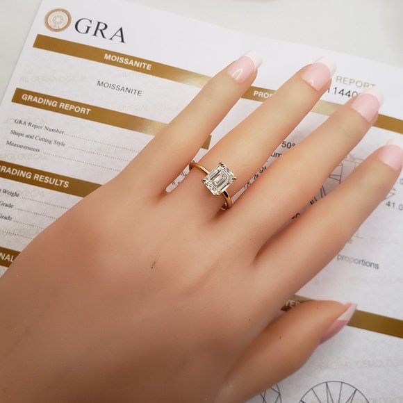 14K Yellow Gold 3 Carats Emerald Cut Moissanite Engagement Ring - Picture 6 of 14